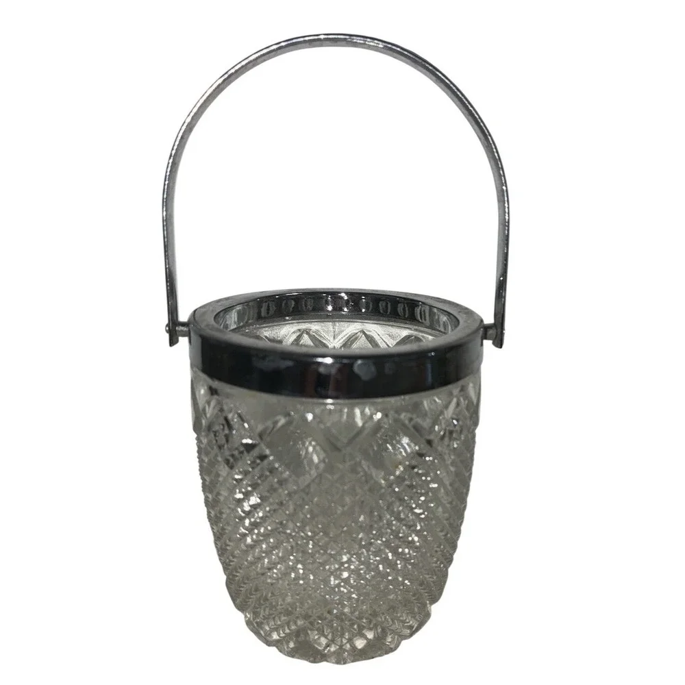 Vintage FB Rogers Mini‎ Ice Bucket Diamond Point Lead Crystal Silver Trim 4